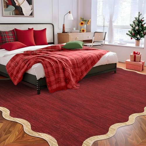 GarveeHome Christmas Area Rugs 8x10 Washable Scalloped Non Slip, Red - Image 3