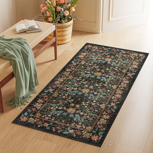 DUKINO 2x4 Rug, Washable Vintage Floral Bathroom Runner Rug, Black by DUKINO