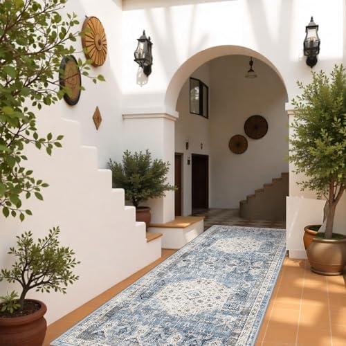 RUUGME Washable 4x10 Runner Rug - Vintage Hallway Kitchen Rugs with Non Slip Backing Low Pile Stain Resistant Carpets Indoor Ultra Soft Light Weight Rug Floor Decoration Mat 4'x10' Aqua Blue by RUUGME
