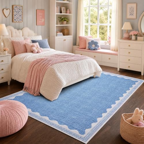 GarveeHome Scalloped Washable Rugs 9x12 Rug for Living Room Non-Slip Solid Blue Modern Minimalism Low-Pile Carpet 9 x 12 Rug for Bedroom Dining Nursery Mat with Rubber Back - Image 5
