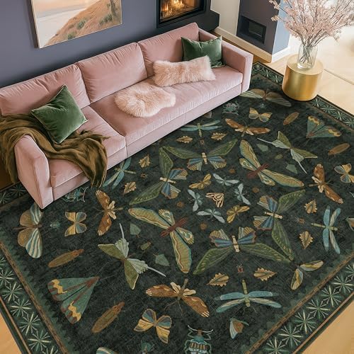 6x9 Dark Green Area Rugs for Dining Room - Rugs for Living Room, Bedroom Under Bed, Insect Moth Floral Non Slip Low Pile Floor Carpet - Image 6