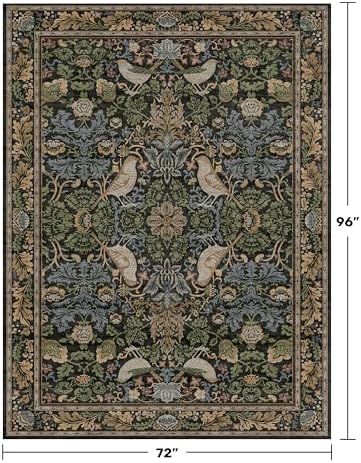 Washable Living Room Rug 6x8 - Green Floral Nature Rugs for Bedroom, Office, Dining Room Kitchen Table Rug for Under Table, Non-Slip Stain Resistant Low Pile Throw Carpet Indoor Door Mat - Image 2