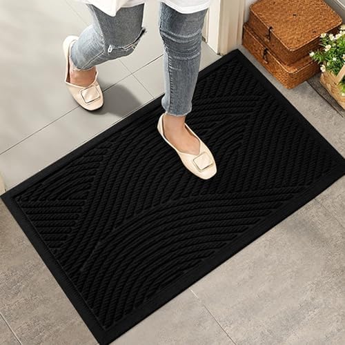 HIYARD Sturdy Front Door Mat, Absorbent Muddy Dirt Resist Welcome Door Mats Outdoor Indoor, Stain and Fade Resistant, Non-Slip Backing Entry Mat Low Profile Doormat for Entryway, 29×17, Black by HIYARD