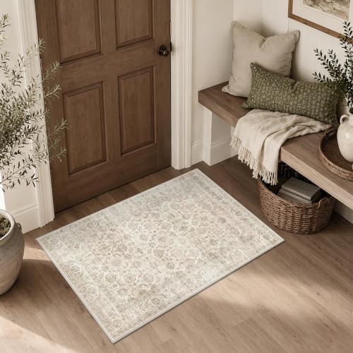 JOOJA 2x3 Beige Vintage Low Pile Non Slip Washable Boho Entryway Throw Rug by JOOJA