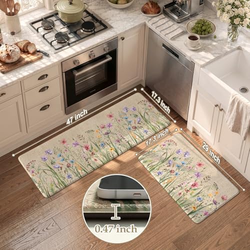 KIMODE Anti Fatigue Kitchen Mats, Farmhouse Floral Kitchen Rugs Sets of 2 - Image 3