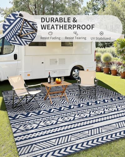 MontVoo Outdoor Rug 8x10 Waterproof Outdoor Patio Rug Mat Reverisble Plastic Straw Outdoor Rug for RV Camping Picnic Beach Balcony Boho Navy Blue - Image 3