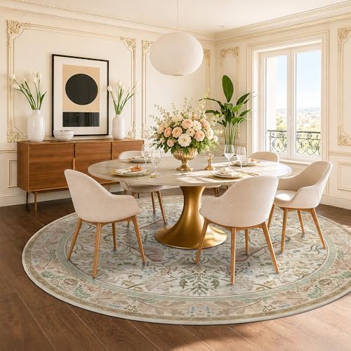 Vintage Beige 8ft Round Rug for Dining Room Under Kitchen Table - Large Floral Circle Area Rug for Bedroom, Living Room, Washable Low Pile Non Slip, Ultra Soft Beige Taupe Botanical & Bird Pattern by HazoHaus