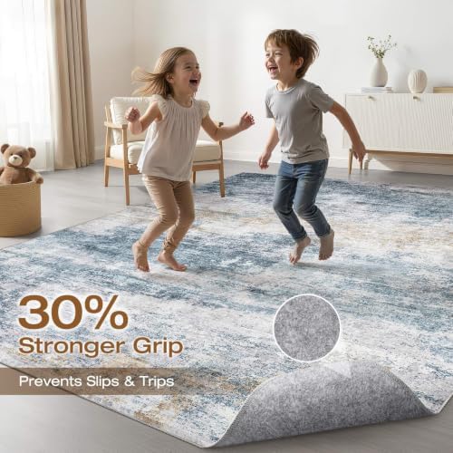 LOONGRUG 10x13 Area Rug Washable Neutral Modern Living Room Rug Blue Gold - Image 3