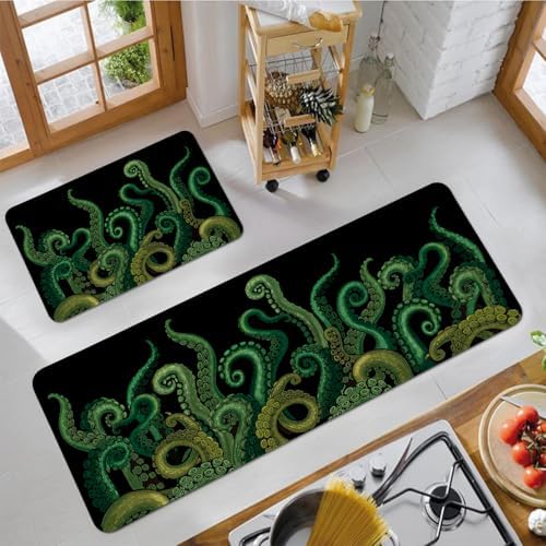 Funny Octopus Tentacle Kitchen Rugs Sets of 2 Non Slip Washable, Black Cthulhu Kraken Kitchen Mats for Floor 2 Piece Home Decor - Image 6