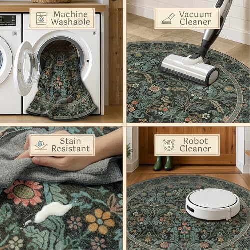 5ft Round Rug for Reading Corner Small Living Room, Soft Ultra Thin Non Slip Floral Circle Area Rug, Machine Washable Forest Green Carpet, Low Pile Floor Mat for Entryway, Home Office (Dark Green) - Image 3