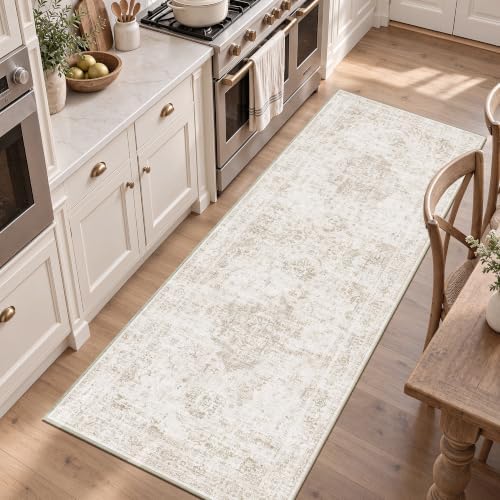 Washable 2x6 Dorm Runner Rug Soft Medallion Neutral Beige Long Carpet - Image 3