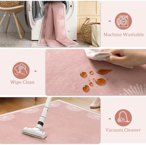 Hedlive Modern 3x5 Pink Rugs for Bedroom Girls,Ultra Thin Nursery Rug for Girls Room, Sun Printed Non Slip Washable Area Rug,Soft Non Shedding Throw Carpet for Playroom Classroom(3'x5',Pink) - Image 5