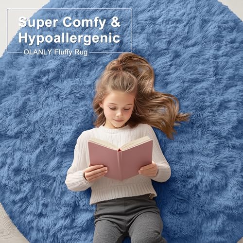 OLANLY Blue Round Rugs for Bedroom - Machine Washable, 5 ft Circle Area Rugs for Living Room, Soft and Fluffy Shaggy Carpet for Teen Girl and Boys, Nursery Rooms, Dorms, Home Decor Aesthetic - Image 6