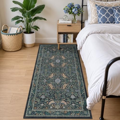 Blue 3x6 Washable Rug for Large Entryway - Boho Bird Rugs for Kitchen, Bedroom Bedside, Indoor Entrance Door Mat with Woodland Flowers, Non-Slip Stain Resistant Low Pile - Image 3