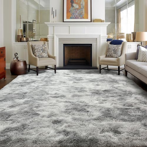 9x12 Ft Extra Large Shag Rugs for Living Room, Tie Dyed Ultra Soft Fluffy Furry Area Rugs for Bedroom Indoor Floor, Aesthetic Carpet for Kids Home Decor (Grey) - Image 2