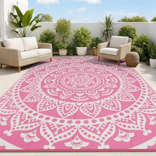 Bsmathom Waterproof Outdoor Rug 8'x10' Reversible Boho Plastic Straw Patio Deck Camping Rugs, Indoor Outdoor Portable RV Mat Clearance Carpet for Outside, Porch, Balcony, Backyard, Beach, Pool,Pink by Bsmathom