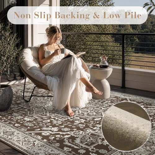 AMOAMI-Outdoor Rug-Patio Rug 5x8 ft Quick Dry Flatweave Textured Machine Washable Outdoor Carpet with Rubber Particles Backing Vintage Outdoor Area Rug for Patio Deck Front Porch Balcony Brown - Image 5