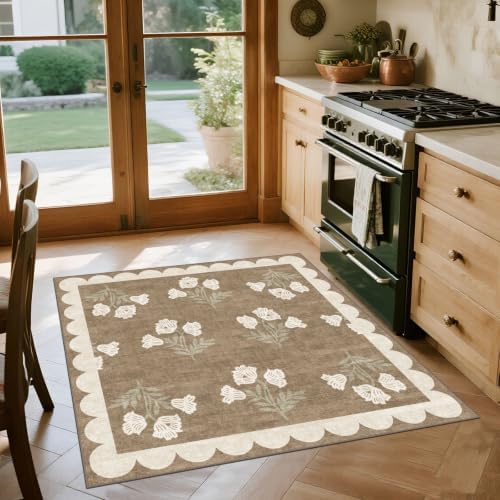 Tan Square Rug 4ft - Soft Washable Boho Farmhouse Square Entryway Rug Non Slip 4x4 Stain Resistant Cottage Floral Scalloped Throw Rugs for Living Room Bedroom Dining Room Bathroom Nursery - Image 7