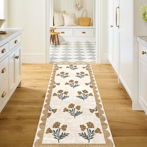 Non Slip Kitchen Runner Rug, 2x6 Beige Floral Hallway Runner Rugs by Othilic