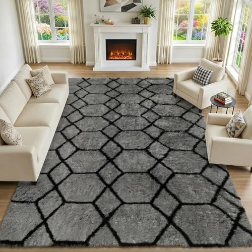 5x7 Area Rugs for Living Room Bedroom, Fluffy Grey and Black Geometric Rug - Image 5