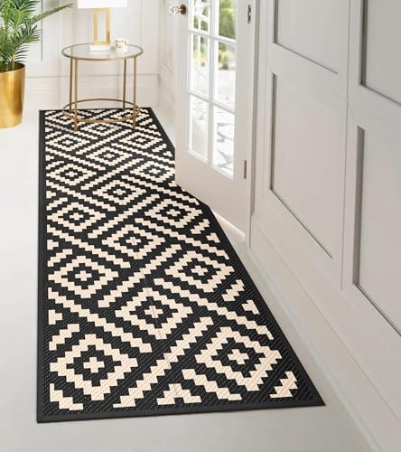 GENIMO Outdoor Rug, Waterproof Plastic Runner Rugs, 2.5'x8' Black Beige - Image 2