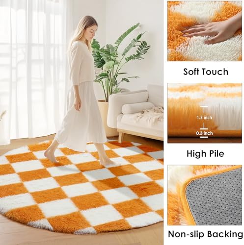 KICMOR Round Rug 4ft Orange and Cream White Circle Area Rug, Fluffy Soft Fuzzy Shag Shaggy Bedroom Living Room Carpet, Indoor Checkered Circular Rug for Kids Boys Girls Home Decor Aesthetic, Nursery - Image 2