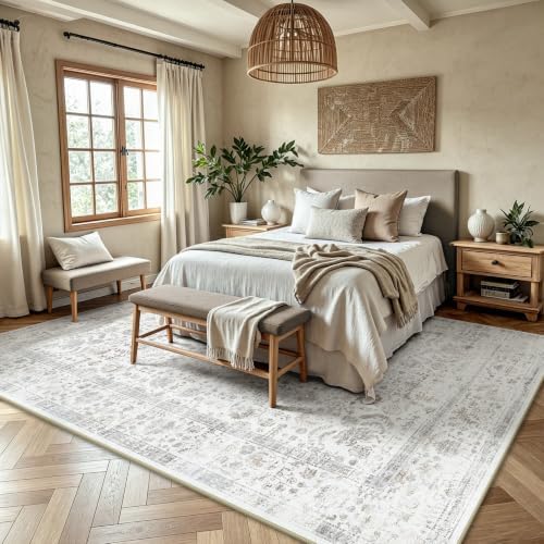 6x9 Area Rugs, Washable Vintage Retro Floral Rug for Living Room, Low Pile Non Slip Distressed Large Carpet for Bedroom, Dining Room, Office, Home (Beige & White) - Image 3