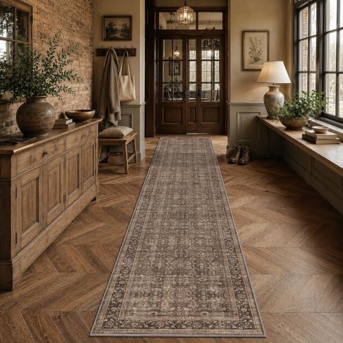 JOOJA 2x12 Brown Vintage Floral Low Pile Non Slip Washable Boho Runner Rug by JOOJA