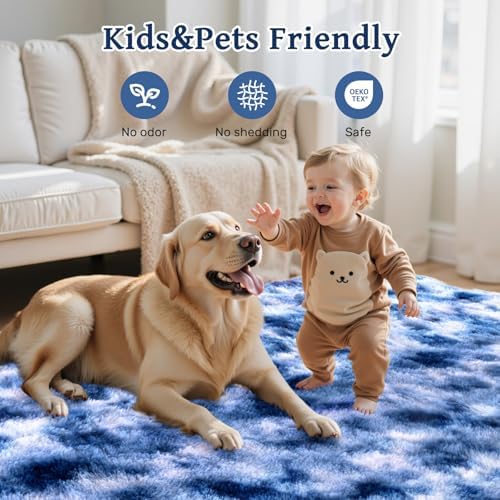 Fuzzy Blue White Rug for Bedroom Soft Fluffy 4x6 ft Living Room Rug Non-Slip Area Rugs Shag Carpet for Nursery Kids Play Room Dorm Office Indoor Modern Plush Carpets - Image 6