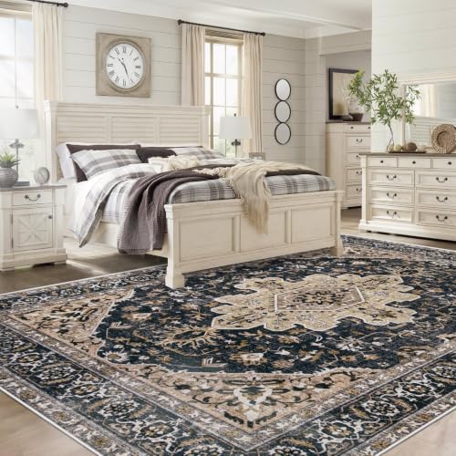 Area Rugs 9x12 Vintage Rug: Large Washable Living Room Rug Retro Medallion Distressed Soft Low Pile Non-Slip Indoor Floor Carpet for Bedroom Dining Table Office (BeigeBlack,9'x12') - Image 3