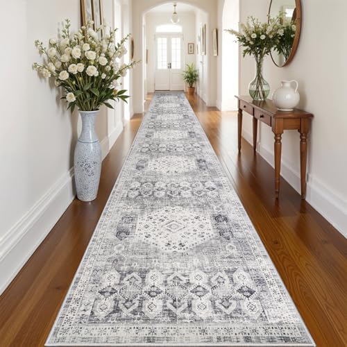 RUUGME 3x20 Washable Runner Rug - Extra Long Vintage Hallway Rugs with Non Slip Backing Soft Stain Resistant Carpet for Kitchen Bedroom Distressed Home Decor Floor Mat for Living Room 3x20 Grey by RUUGME