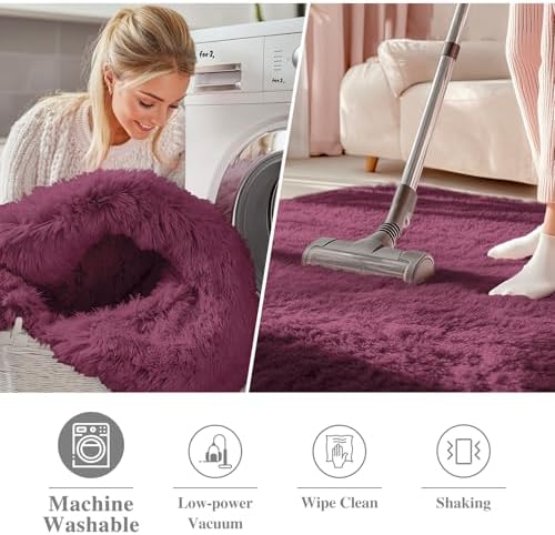 OLANLY Burgundy Round Rugs for Bedroom - Machine Washable, 9 ft Circle Area Rugs for Living Room, Soft and Fluffy Shaggy Carpet for Teen Girls and Boys, Nursery Rooms, Dorms, Home Decor Aesthetic - Image 3