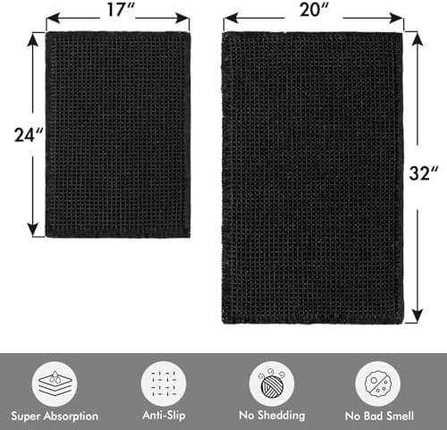 MIULEE Set of 2 Waffle Bathroom Rugs Boho Bath Mat Black 17"x24"+20"x32" - Image 2