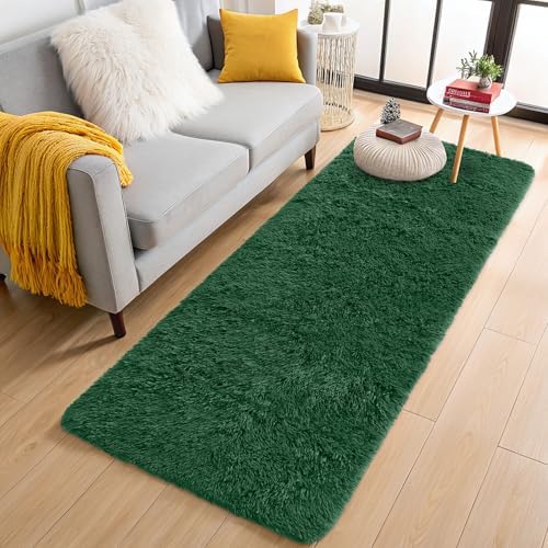 OLANLY 2x5 Machine Washable Runner Rugs for Hallway, Soft Fluffy Shaggy Bedside Rugs for Bedroom, Living Room, Indoor Floor Carpet for Kids Girls Boys, Nursery Rooms, Home Decor Aesthetic, Dark Green by OLANLY