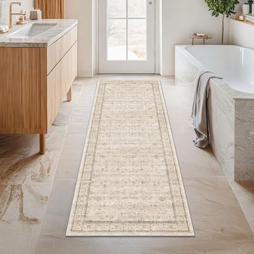 2x6 Long Beige Farmhouse Kitchen Runner Rug Washable Non Slip Carpet for Bathroom, Entryway, Soft Low Pile Floral Vintage Rugs for Bedroom, Bedside, Hallway by HazoHaus
