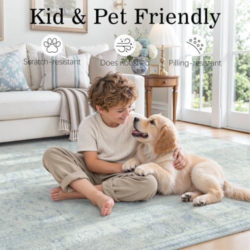 DCX Vintage Washable 5x7 Area Rug, Distressed Floral, Light Blue - Image 5