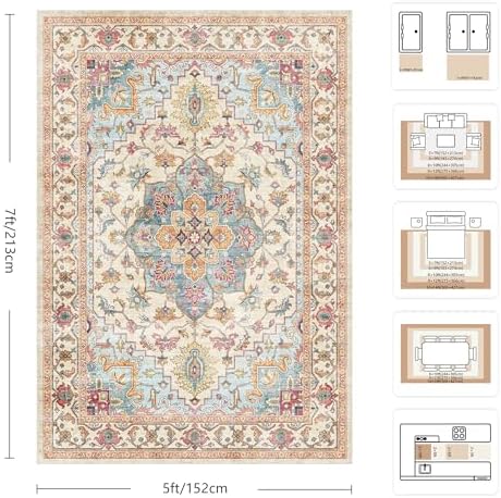 5x7 Area Rugs - Washable Rug Vintage Distress Boho Medallion Rugs for Living Room, Soft Non-Slip Backing Low Pile Carpet for Bedroom Dining Room Office Nursery Dorm Home, Vintage Orange - Image 2