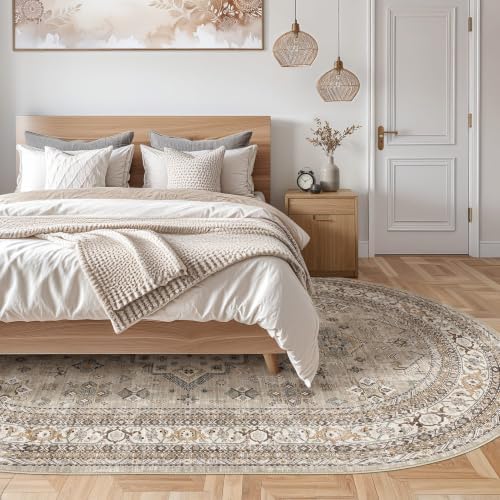 cotiled 8x12 Ellipse Area Rug for Living Room, Washable, Traditional, Beige - Image 6