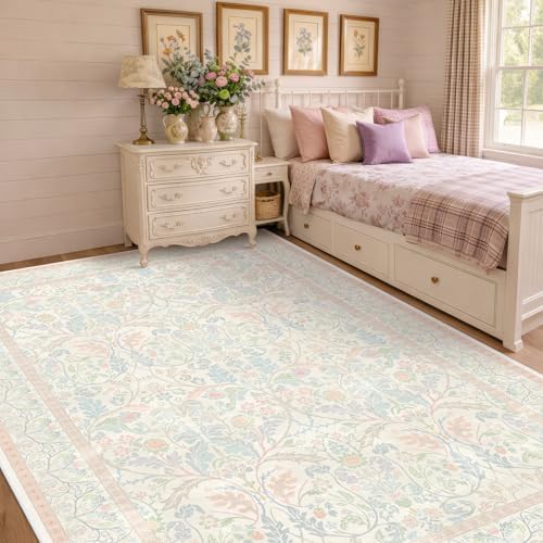Light Pink 6x9 Girl Bedroom Rug Low Pile & Soft, Botanical Floral Washable Oushak Area Rug for French Country Living Room, Nuresry, Pastel Pink Non Slip Soft Kids Room Décor by Evyhood