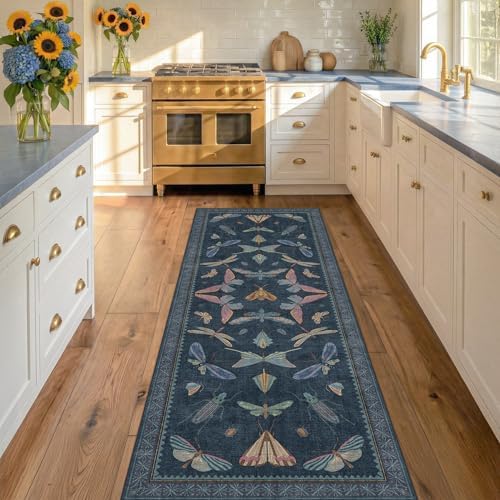 Vintage Navy Blue 2x5 Runner Rug, Washable Insect Carpet for Bathroom, Kitchen Floor & Hallway, Soft Low Pile Non Slip Bedroom Rug with Rubber Backing - Image 3