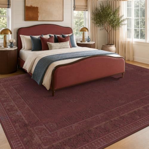 Muted Burgundy Vintage Washable 8x10 Area Rug for Living Room, Non-Slip Distressed Rug for Bedroom & Dining Room, Low Pile Stain Resistant Floor Carpet, Traditional Farmhouse Décor - Image 3