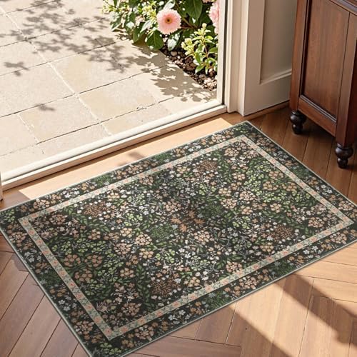 jinchan 2x3 Washable Entryway Area Rug, Floral Non-Slip, Black by JINCHAN
