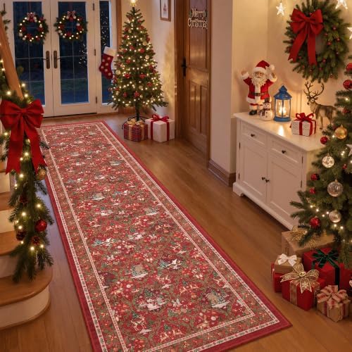 Christmas Runner Rug 2x8, Washable Rugs for Bedroom (2'x8', Red) by Restydon