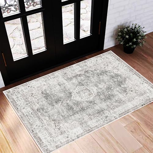 CHAMPLANT Washable Area Rug 2'x3' Door Mat Vintage Distressed Doormat Indoor Entrance Traditional Thin Rug Floral Print Non Slip Carpet for Kitchen Bathroom Bedroom Living Room by CHAMPLANT