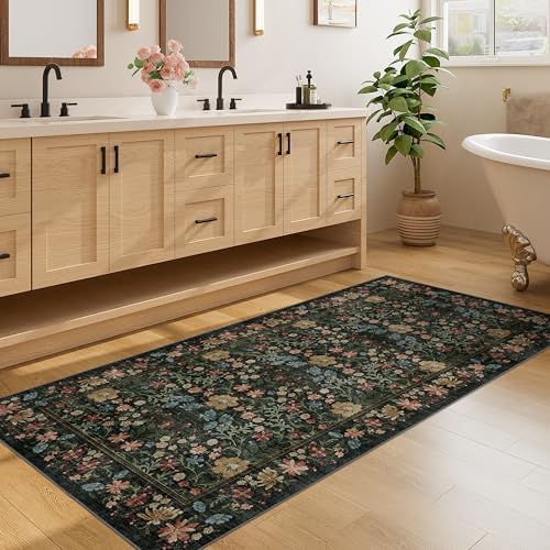 DUKINO 3x6 Kitchen Runner Rug, Washable Vintage Floral Area Rug, Black - Image 6