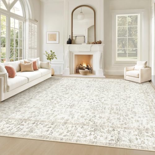 Living Room Rugs 8x10: Washable Moroccan Geometric Boho Rug Farmhouse Non Slip Stain Resistant Large Rug Low Pile Soft Carpet for Bedroom Dining Room Children Room (Beige Floral,8'x10') by VECARF