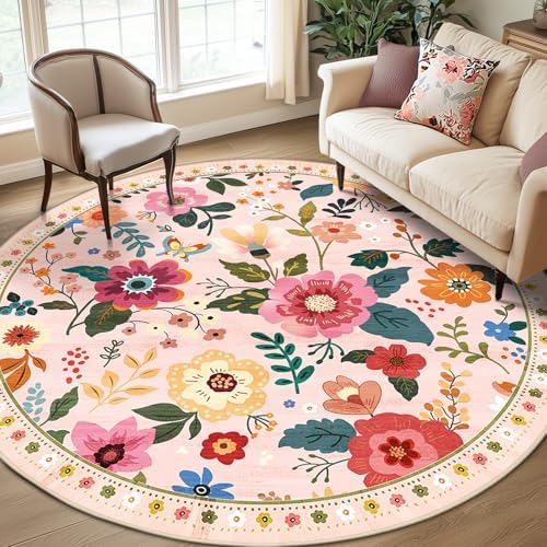RELEANY Floral Washable Round 8ft Area Rug Pink by RELEANY