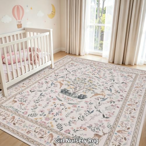 RCTJHOME 9x12 Beige Floral Nursery Kids Washable Area Rug Non-Slip Carpet - Image 2