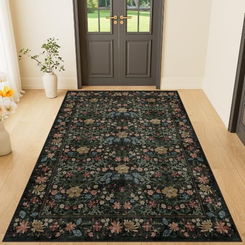 DUKINO 3x5 Rug, Washable Vintage Floral Bedroom Area Rug Non Slip, Black - Image 2