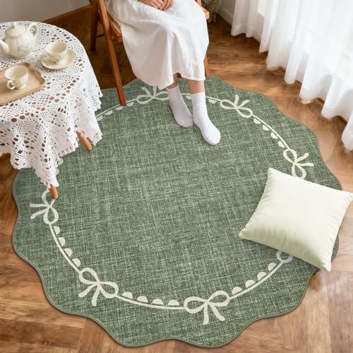 GarveeHome 4ft Round Rugs Washable Scalloped Bow Rug for Bedroom, Green - Image 3